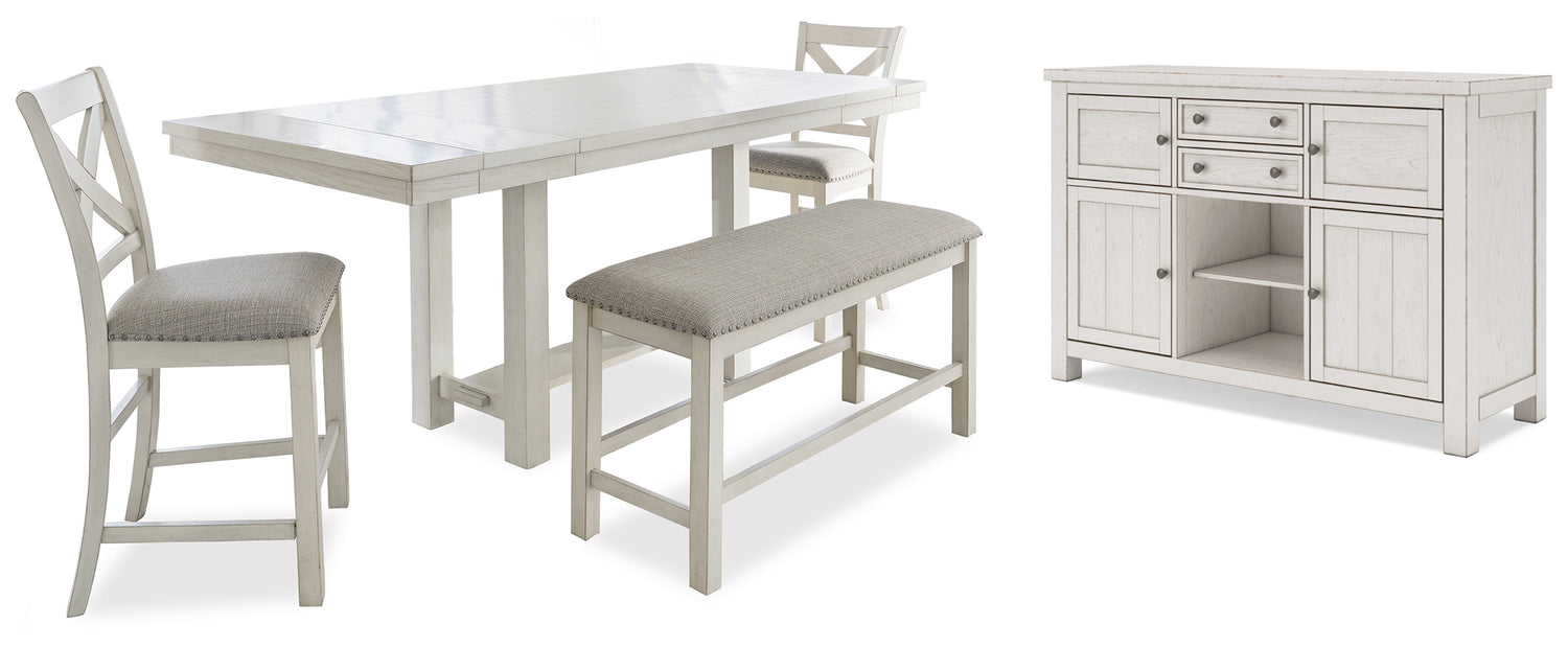 Robbinsdale Counter Height Dining Table, 2 Barstools, Bench and Server - D642D8