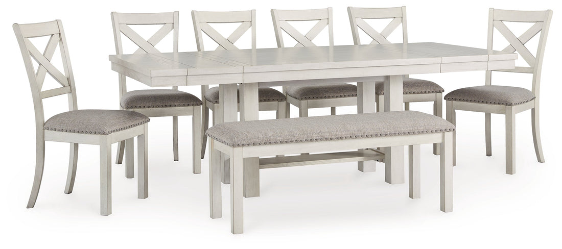 Robbinsdale Dining Table and 6 Chairs and Bench in Antique White - PKG020813