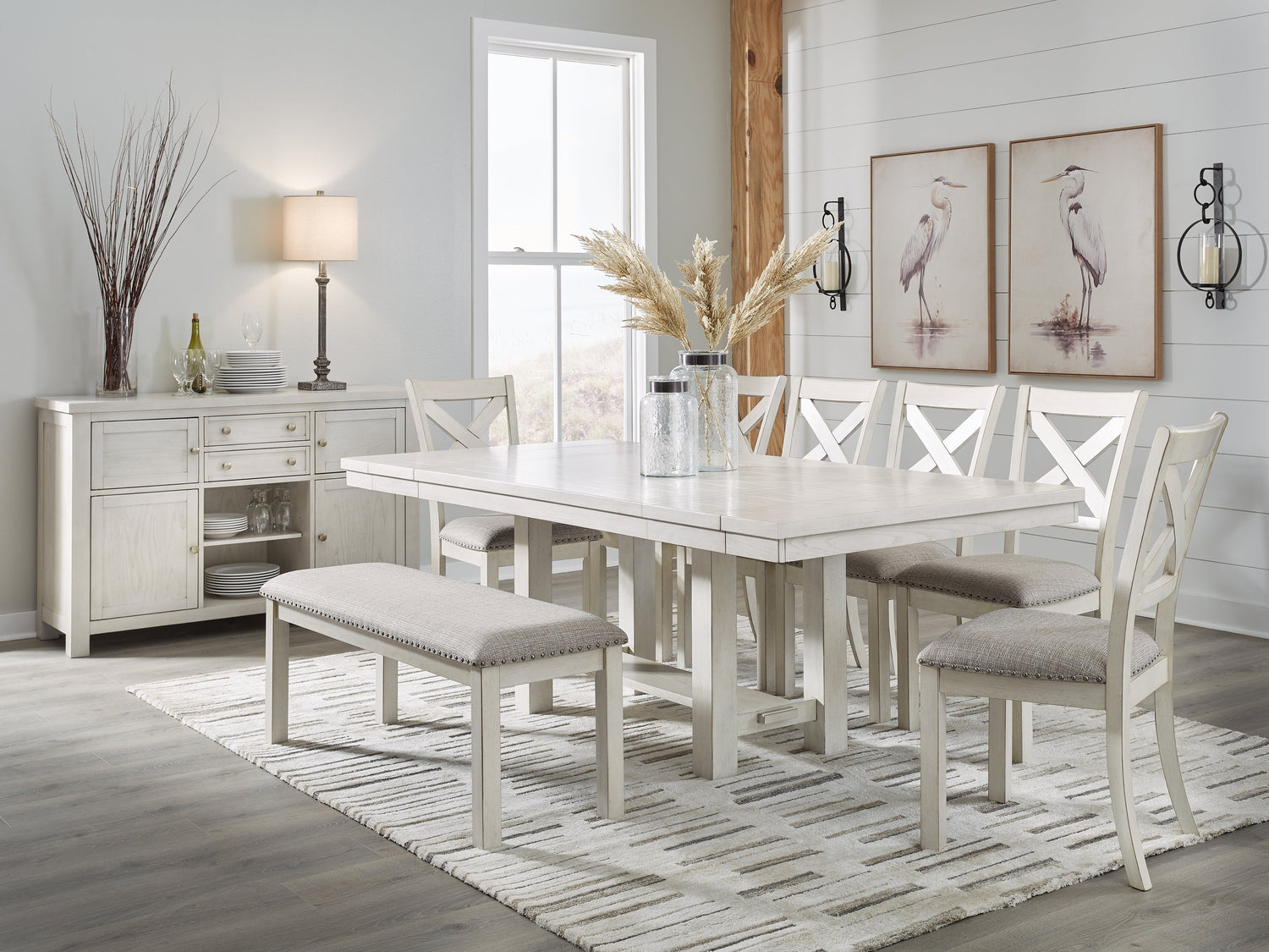 Robbinsdale Dining Table and 6 Chairs and Bench in Antique White - PKG020813
