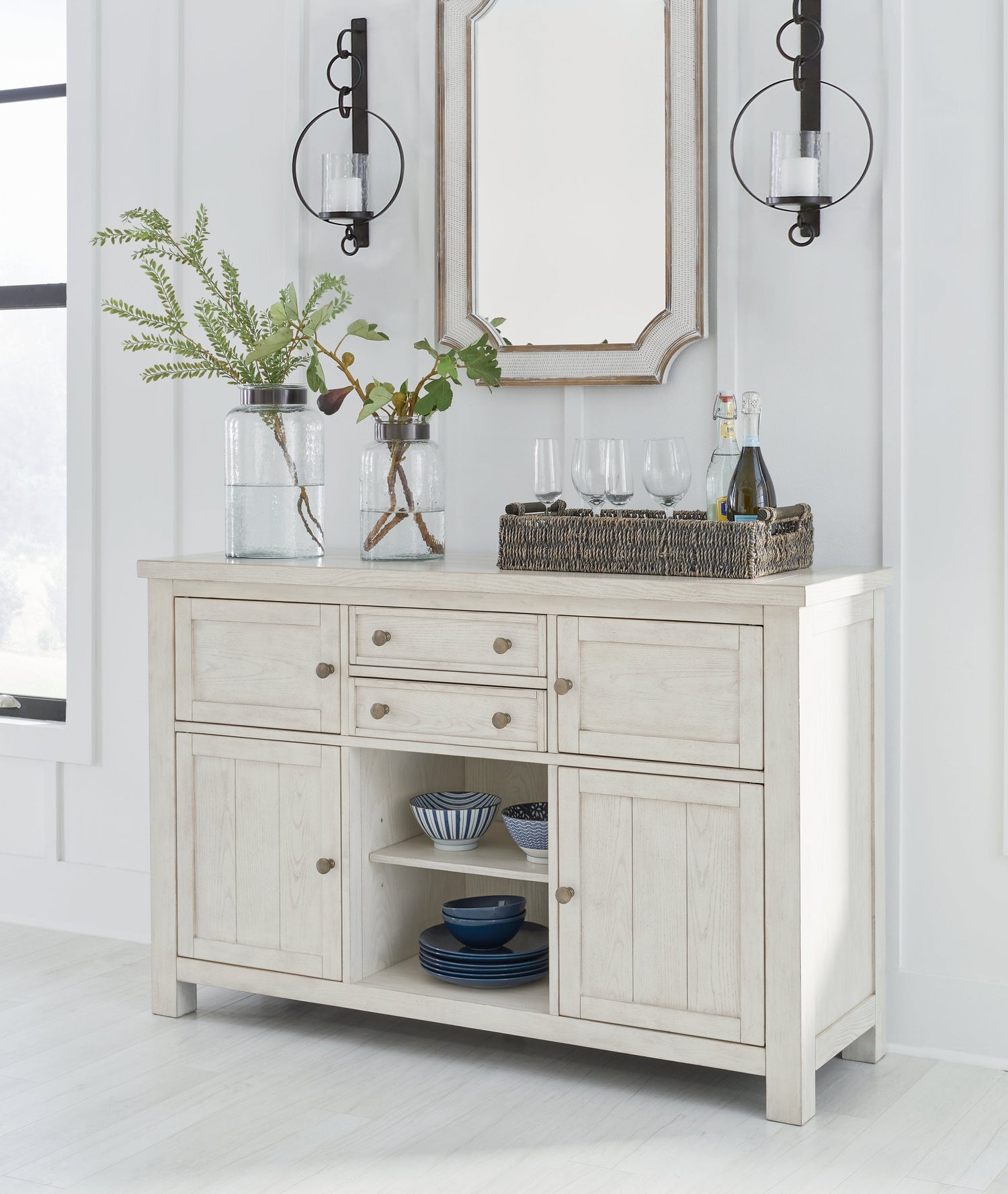Robbinsdale Dining Table and 6 Chairs and Bench with Storage in Antique White - PKG020818