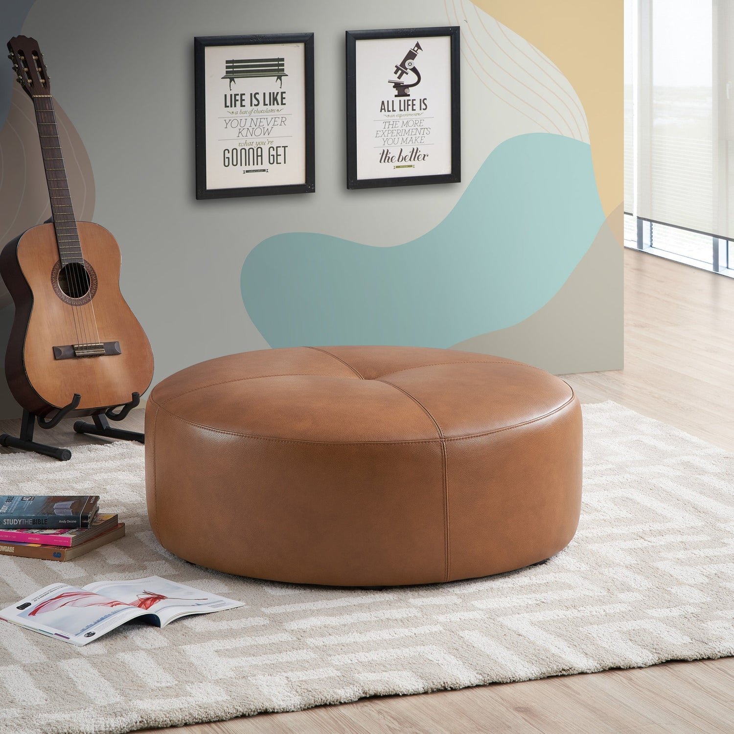 Rochelin Tan Leather Ottoman - OTT00400901