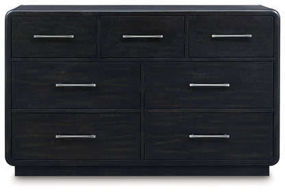 Rowanbeck California King Upholstered Panel Bed with Dresser and 2 Nightstands in Gray/Black from Ashley - Luna Furniture