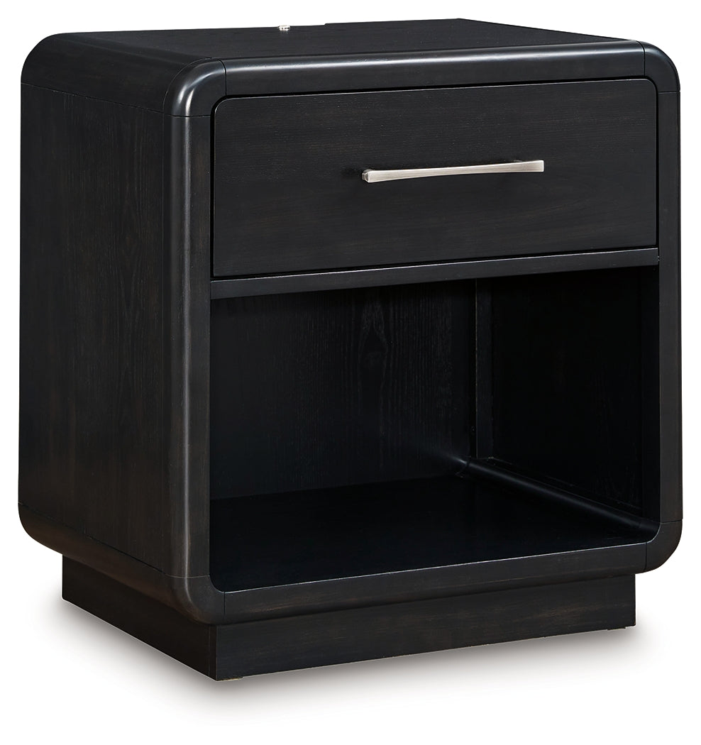 Rowanbeck California King Upholstered Panel Bed with Dresser and 2 Nightstands in Gray/Black from Ashley - Luna Furniture