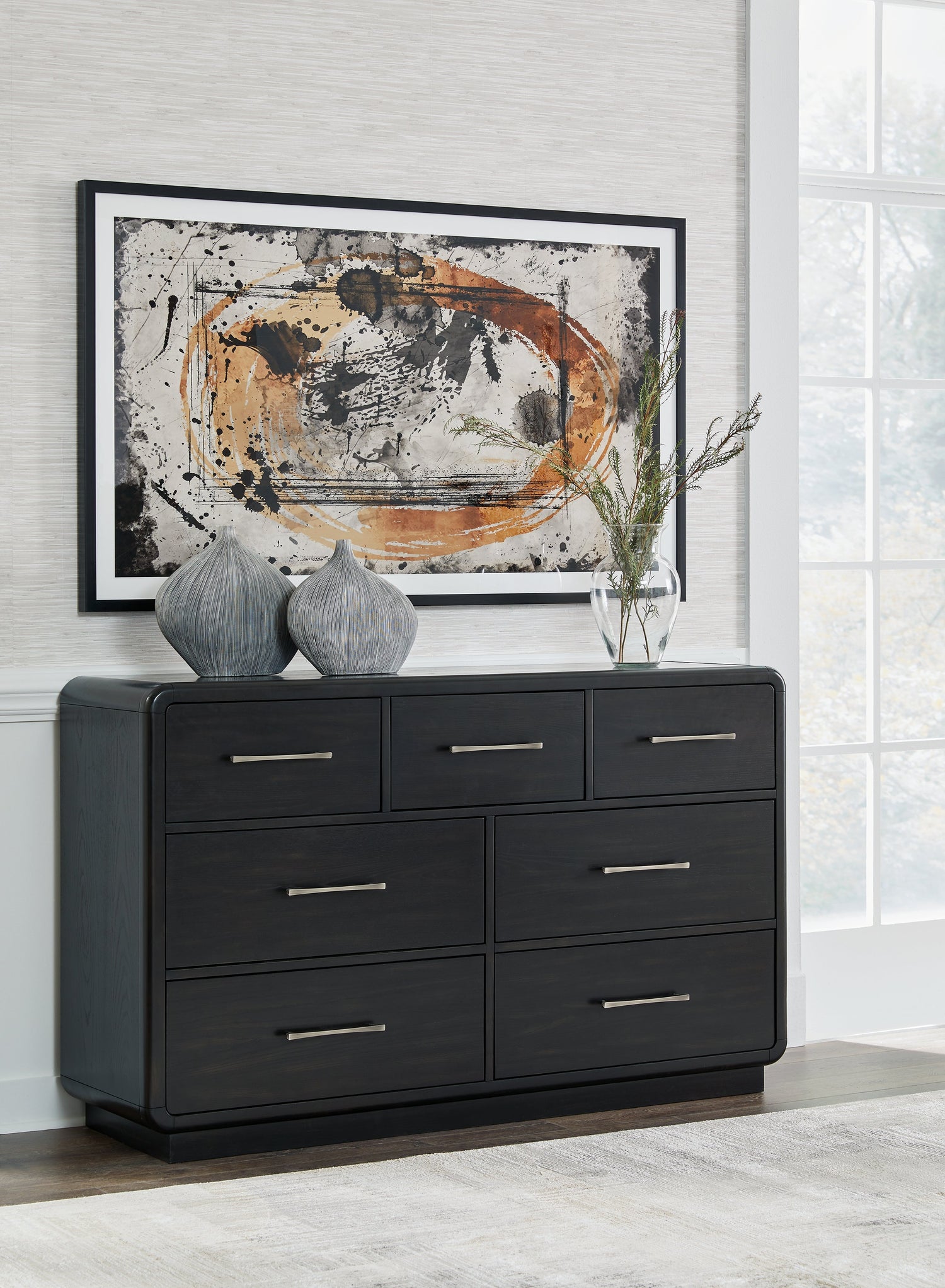 Rowanbeck California King Upholstered Panel Bed with Dresser and 2 Nightstands in Gray/Black from Ashley - Luna Furniture