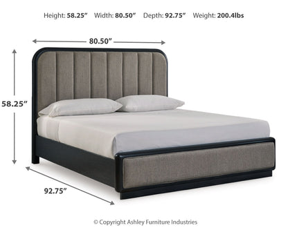 Rowanbeck California King Upholstered Panel Bed with Dresser and 2 Nightstands in Gray/Black from Ashley - Luna Furniture