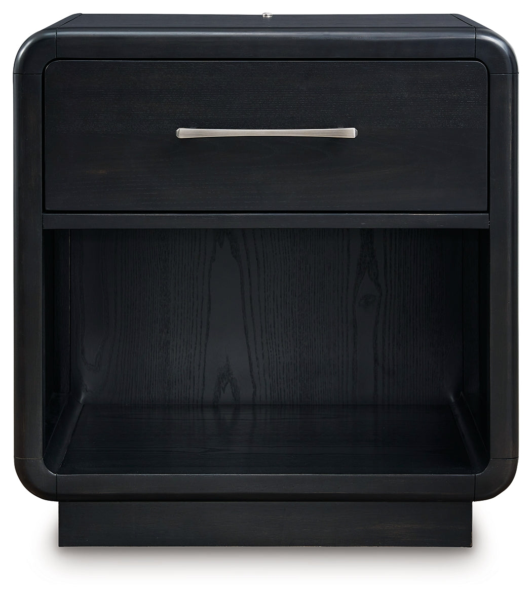 Rowanbeck California King Upholstered Panel Bed with Dresser and 2 Nightstands in Gray/Black from Ashley - Luna Furniture