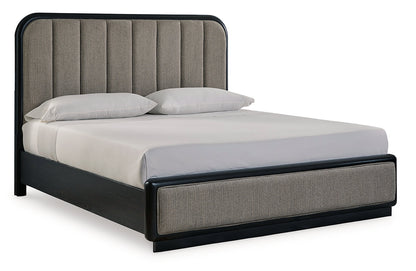 Rowanbeck California King Upholstered Panel Bed with Dresser in Gray/Black from Ashley - Luna Furniture