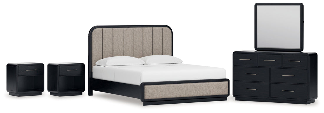 Rowanbeck California King Upholstered Panel Bed with Mirrored Dresser and 2 Nightstands in Gray/Black from Ashley - Luna Furniture
