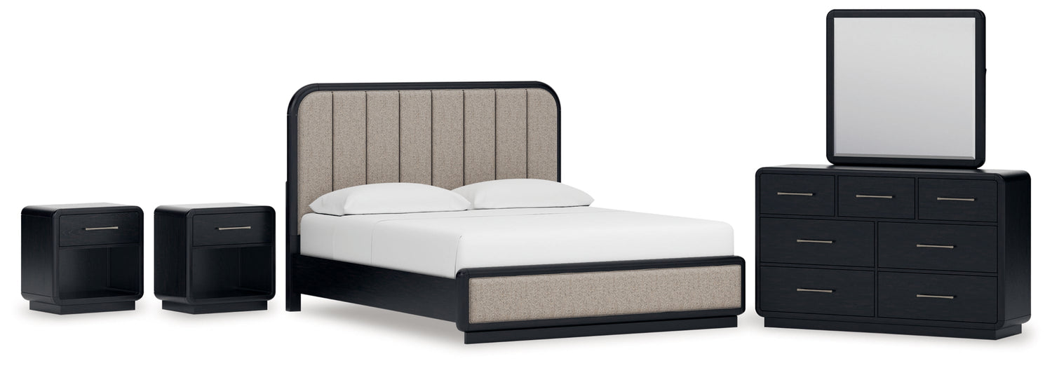 Rowanbeck California King Upholstered Panel Bed with Mirrored Dresser and 2 Nightstands in Gray/Black from Ashley - Luna Furniture