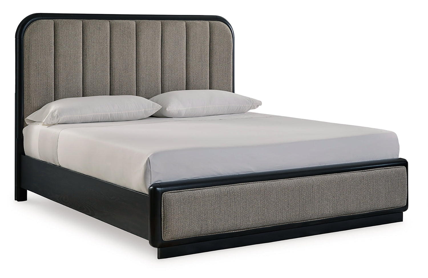 Rowanbeck California King Upholstered Panel Bed with Mirrored Dresser and Nightstand in Gray/Black from Ashley - Luna Furniture