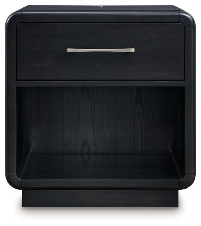 Rowanbeck King Upholstered Panel Bed with Mirrored Dresser and 2 Nightstands in Gray/Black from Ashley - Luna Furniture