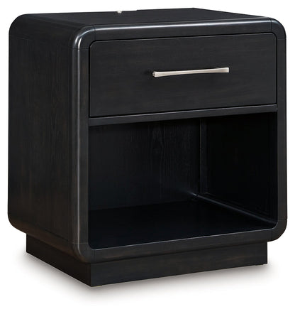 Rowanbeck King Upholstered Panel Bed with Mirrored Dresser and 2 Nightstands in Gray/Black from Ashley - Luna Furniture