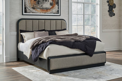Rowanbeck King Upholstered Panel Bed with Mirrored Dresser and 2 Nightstands in Gray/Black from Ashley - Luna Furniture