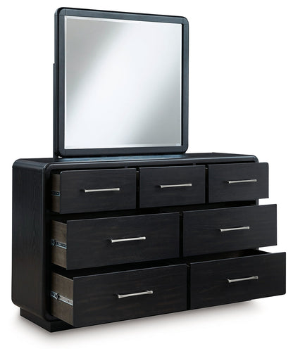 Rowanbeck King Upholstered Panel Bed with Mirrored Dresser and 2 Nightstands in Gray/Black from Ashley - Luna Furniture