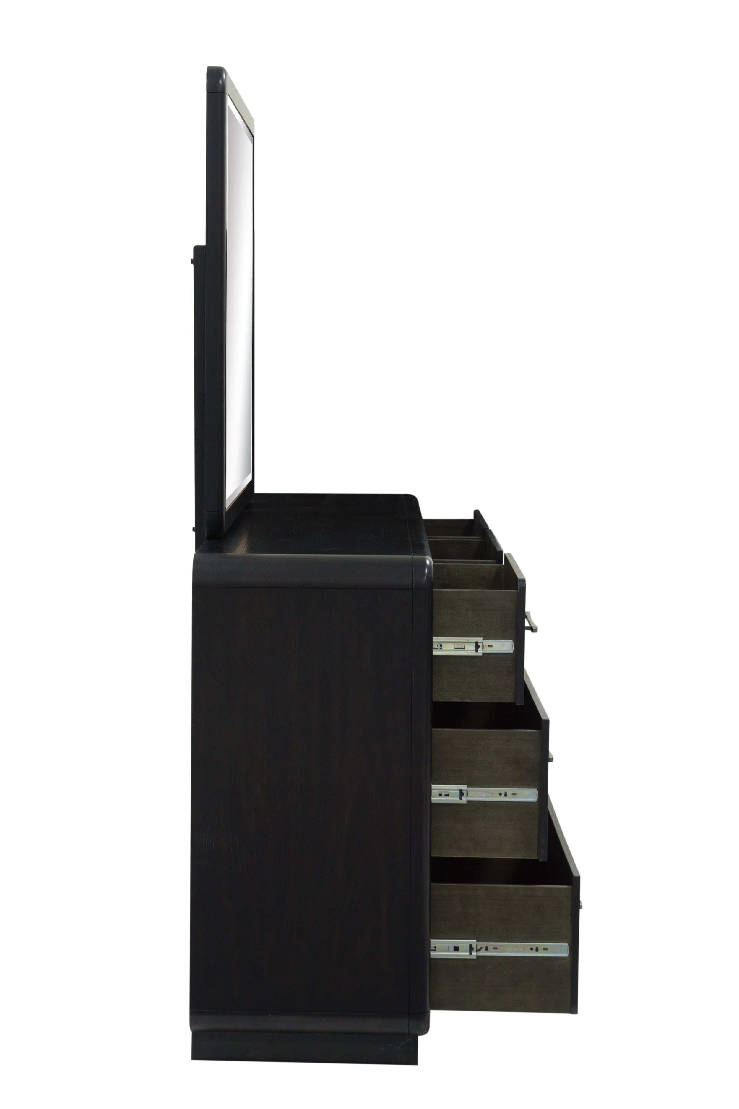 Rowanbeck King Upholstered Panel Bed with Mirrored Dresser and 2 Nightstands in Gray/Black from Ashley - Luna Furniture