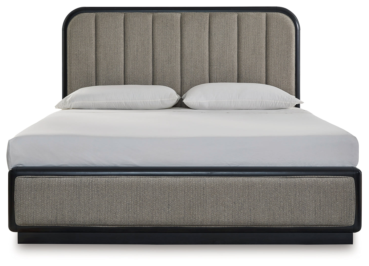 Rowanbeck King Upholstered Panel Bed with Mirrored Dresser and 2 Nightstands in Gray/Black from Ashley - Luna Furniture