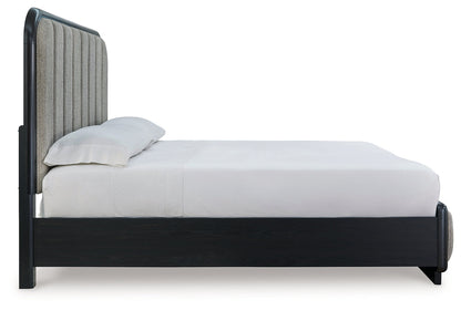 Rowanbeck King Upholstered Panel Bed with Mirrored Dresser and 2 Nightstands in Gray/Black from Ashley - Luna Furniture