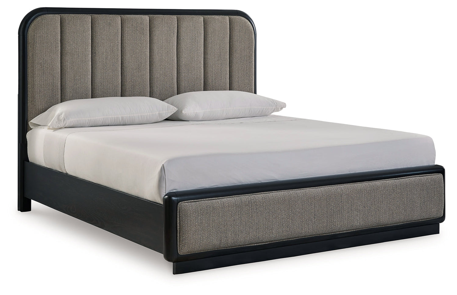 Rowanbeck King Upholstered Panel Bed with Mirrored Dresser, Chest and 2 Nightstands in Gray/Black from Ashley - Luna Furniture