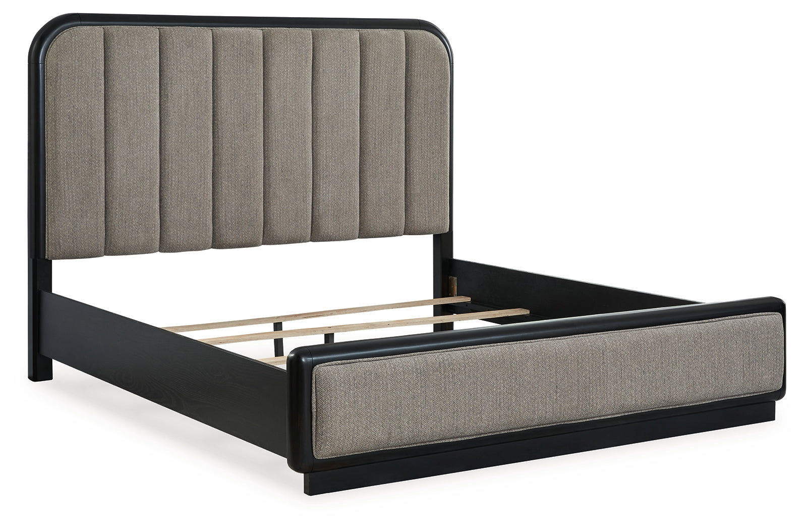 Rowanbeck King Upholstered Panel Bed with Mirrored Dresser, Chest and 2 Nightstands in Gray/Black from Ashley - Luna Furniture