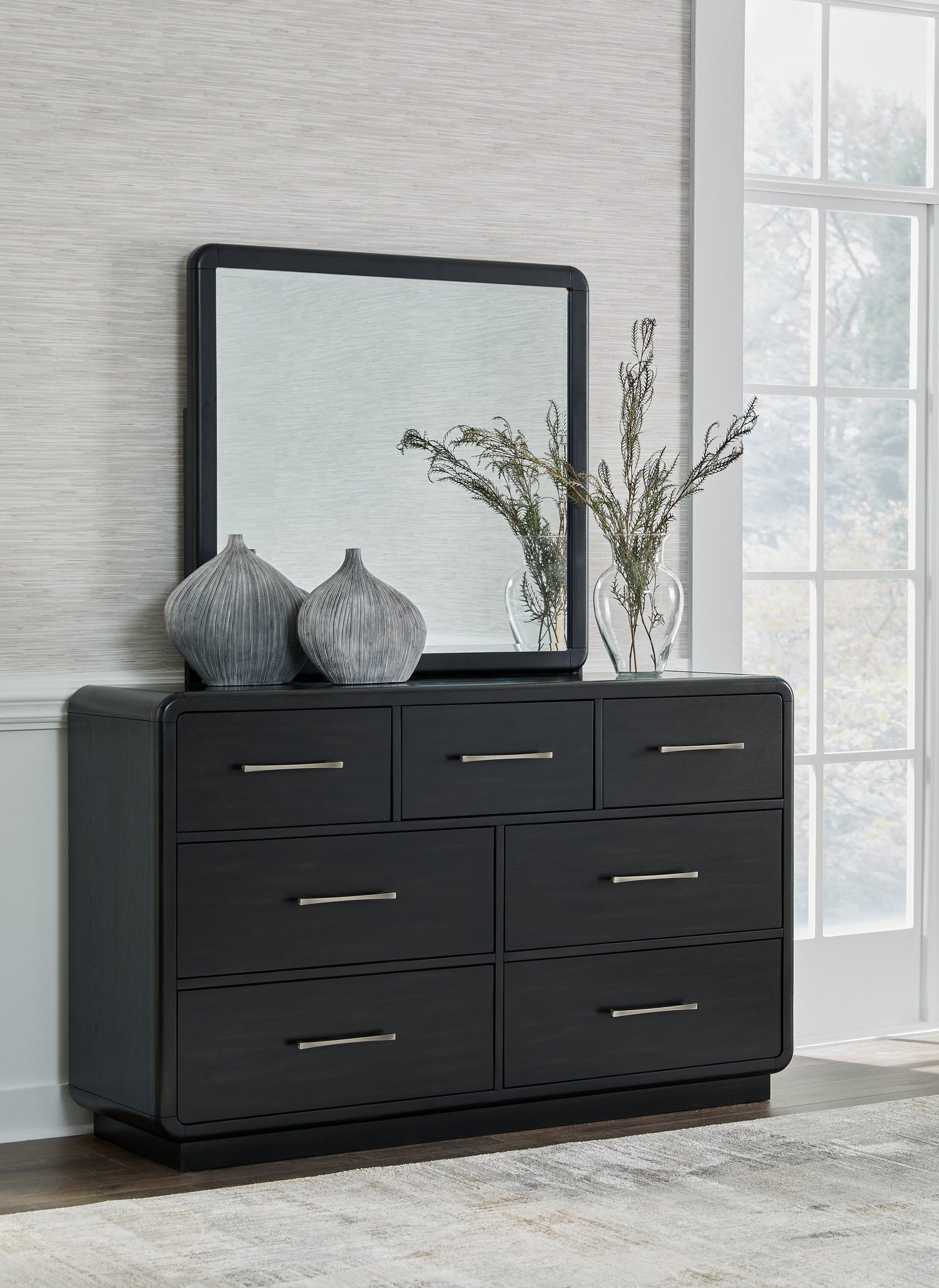 Rowanbeck King Upholstered Panel Bed with Mirrored Dresser, Chest and 2 Nightstands in Gray/Black from Ashley - Luna Furniture
