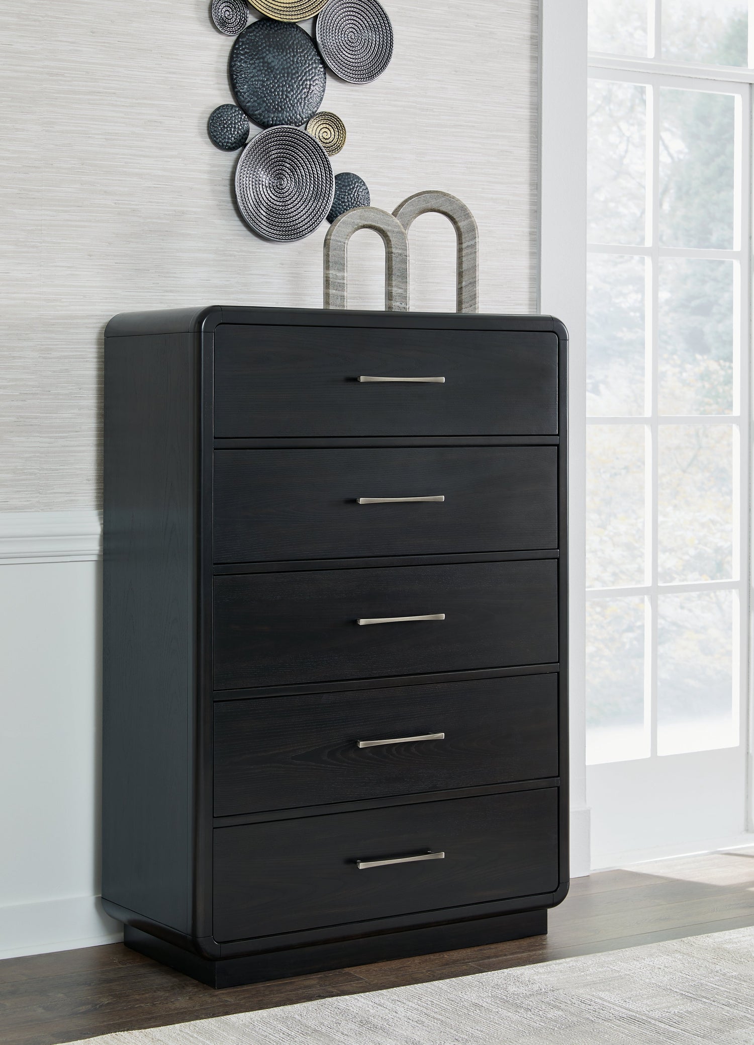 Rowanbeck King Upholstered Panel Bed with Mirrored Dresser, Chest and 2 Nightstands in Gray/Black from Ashley - Luna Furniture
