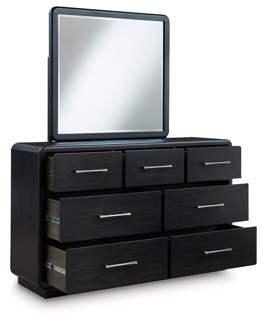 Rowanbeck King Upholstered Panel Bed with Mirrored Dresser, Chest and 2 Nightstands in Gray/Black from Ashley - Luna Furniture