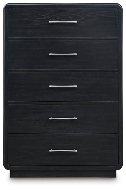 Rowanbeck King Upholstered Panel Bed with Mirrored Dresser, Chest and 2 Nightstands in Gray/Black from Ashley - Luna Furniture