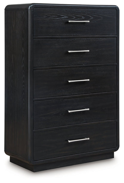 Rowanbeck King Upholstered Panel Bed with Mirrored Dresser, Chest and 2 Nightstands in Gray/Black from Ashley - Luna Furniture