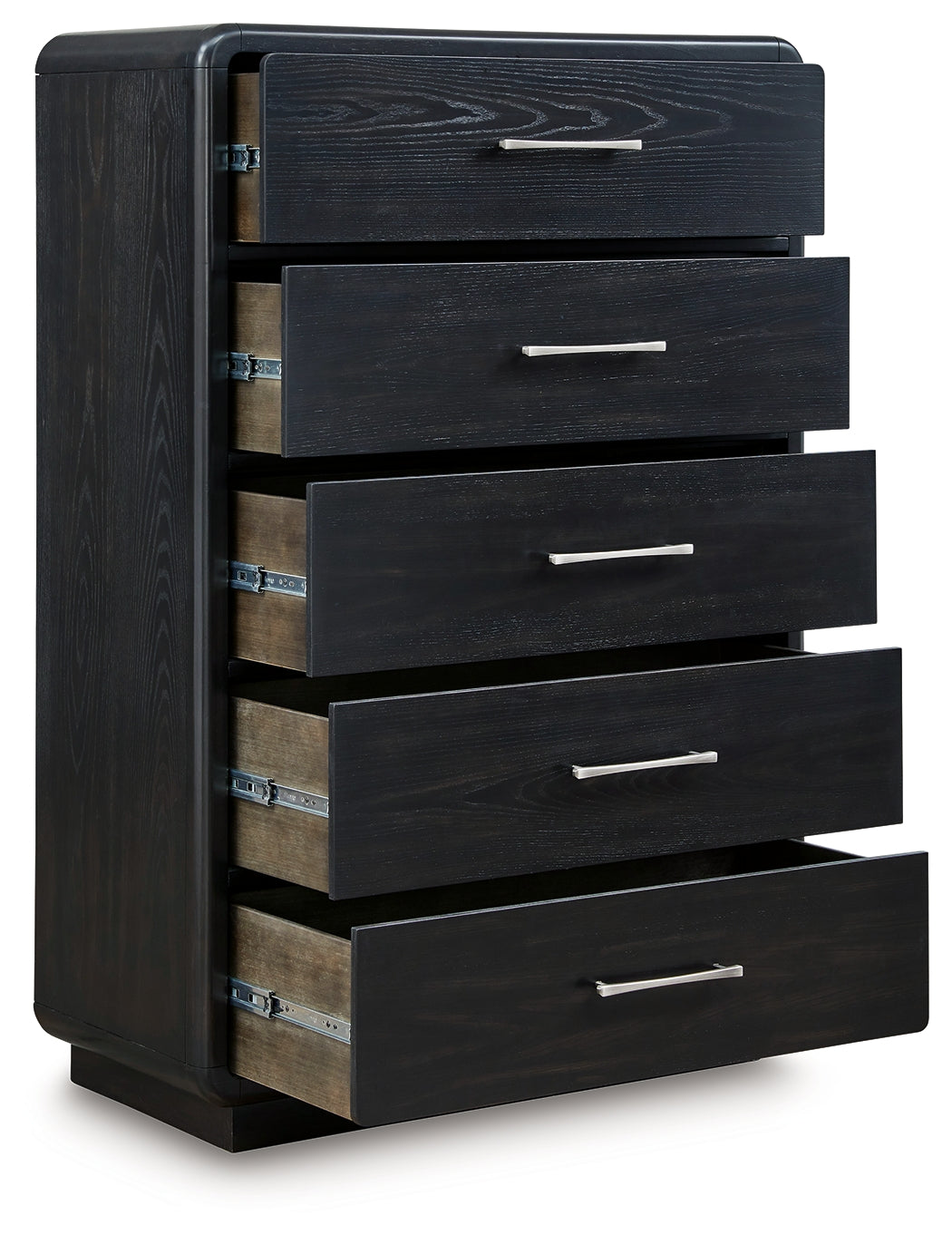 Rowanbeck King Upholstered Panel Bed with Mirrored Dresser, Chest and 2 Nightstands in Gray/Black from Ashley - Luna Furniture