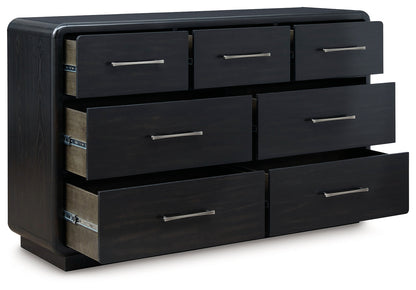 Rowanbeck Queen Upholstered Panel Bed with Dresser and 2 Nightstands in Gray/Black from Ashley - Luna Furniture