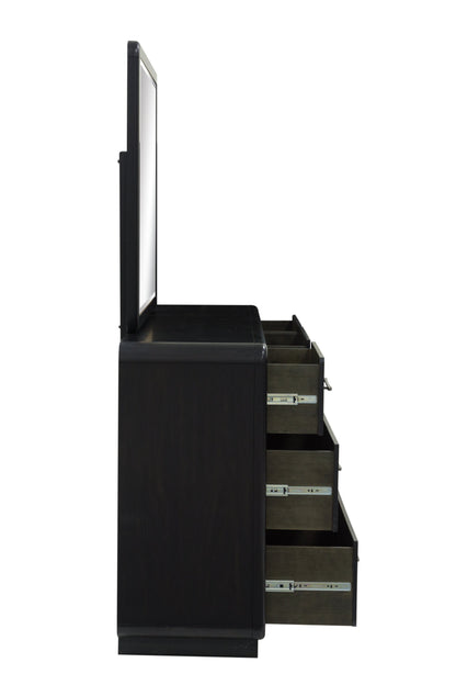 Rowanbeck Queen Upholstered Panel Bed with Mirrored Dresser and 2 Nightstands in Gray/Black from Ashley - Luna Furniture