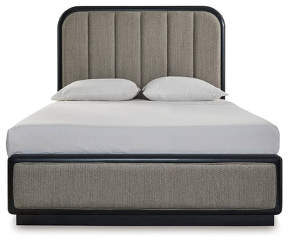 Rowanbeck Queen Upholstered Panel Bed with Mirrored Dresser and 2 Nightstands in Gray/Black from Ashley - Luna Furniture