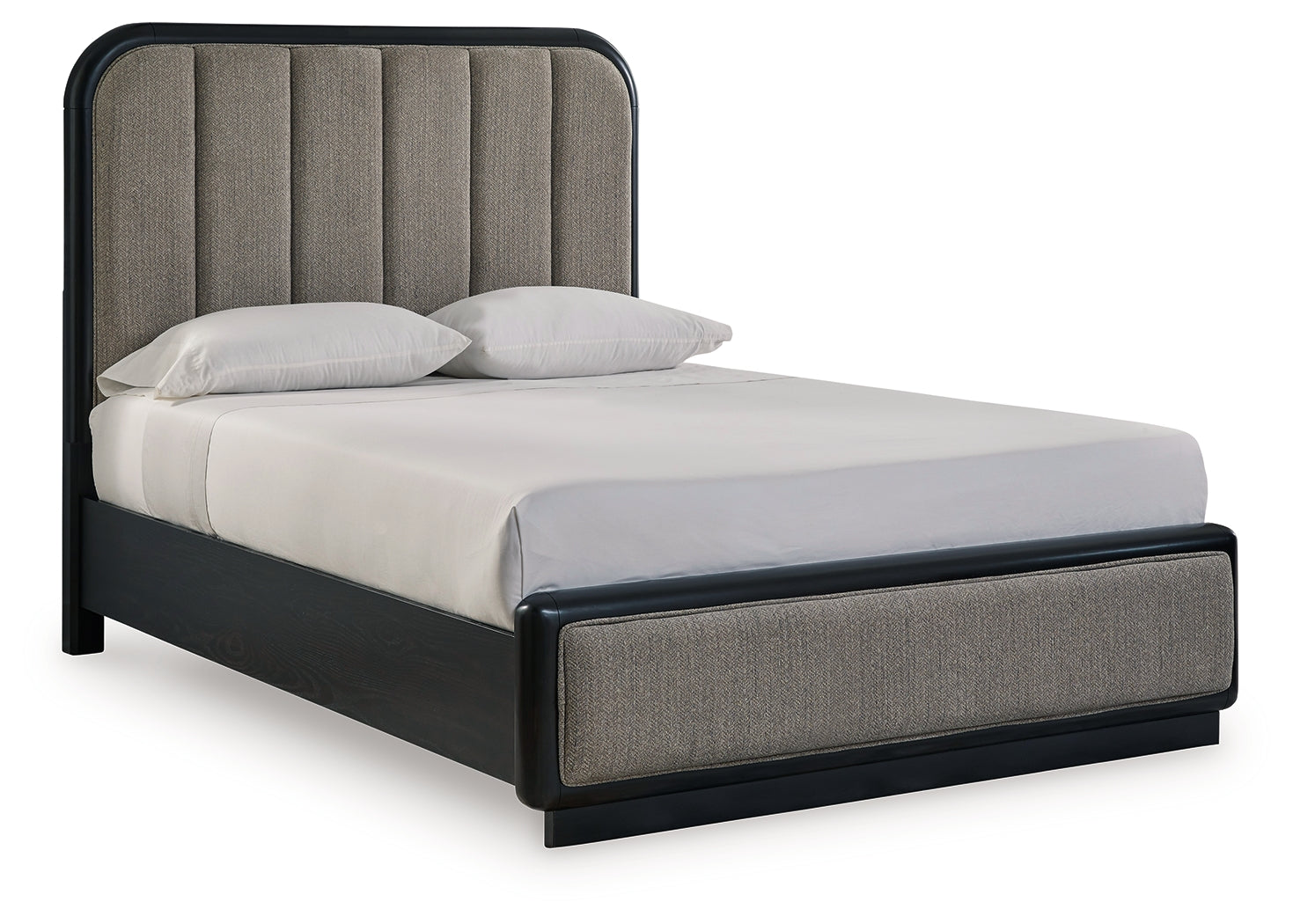 Rowanbeck Queen Upholstered Panel Bed with Mirrored Dresser and 2 Nightstands in Gray/Black from Ashley - Luna Furniture