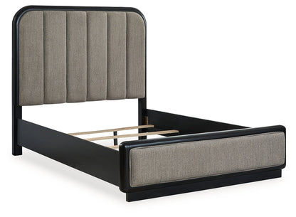 Rowanbeck Queen Upholstered Panel Bed with Mirrored Dresser and 2 Nightstands in Gray/Black from Ashley - Luna Furniture
