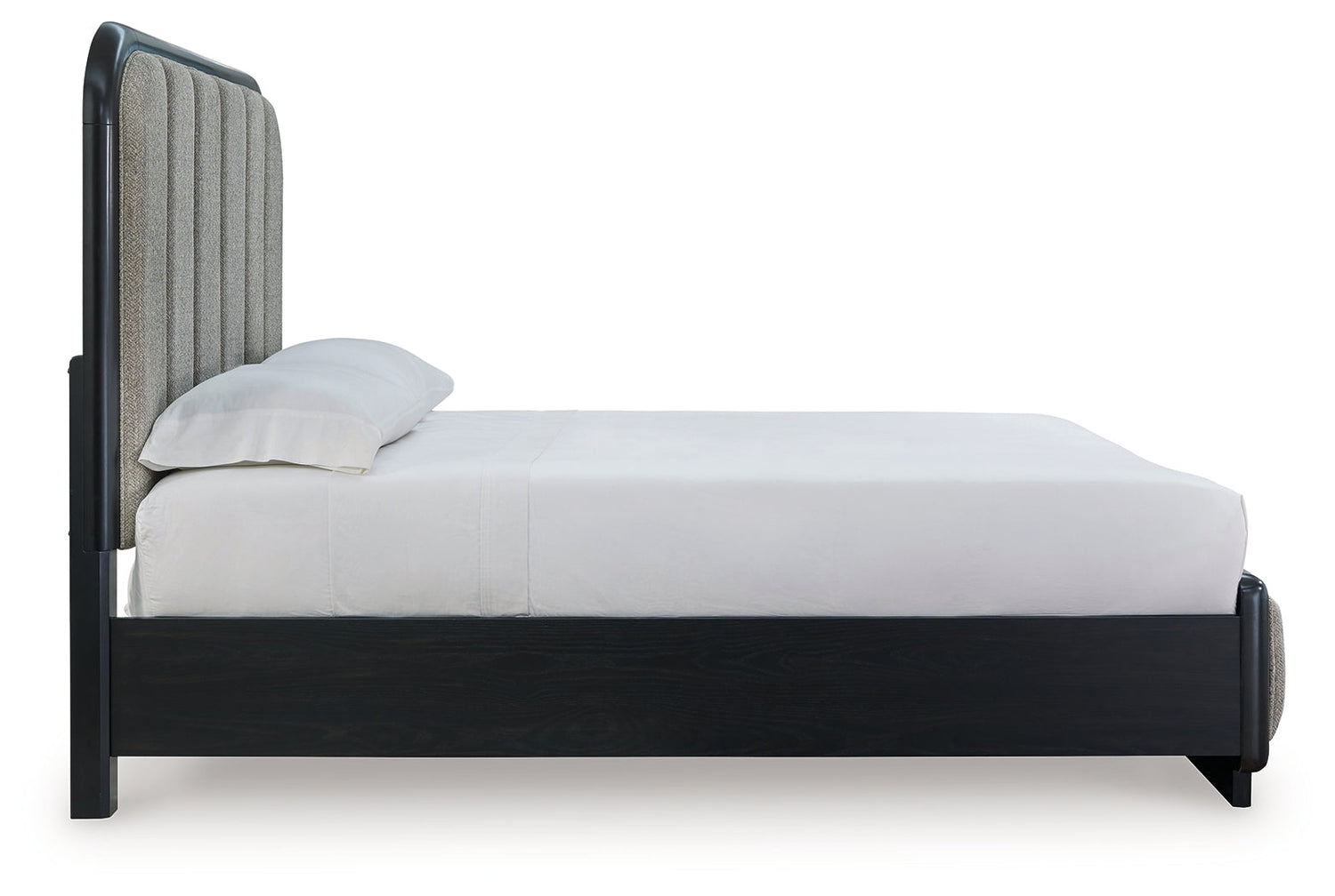 Rowanbeck Queen Upholstered Panel Bed with Mirrored Dresser and 2 Nightstands in Gray/Black from Ashley - Luna Furniture