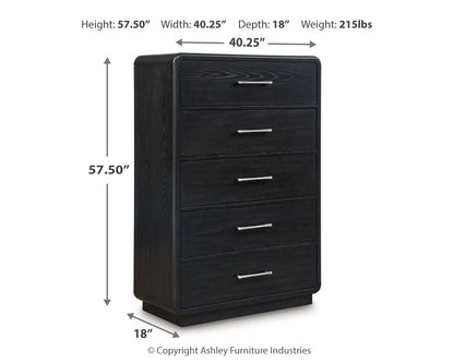 Rowanbeck Queen Upholstered Panel Bed with Mirrored Dresser, Chest and 2 Nightstands in Gray/Black from Ashley - Luna Furniture