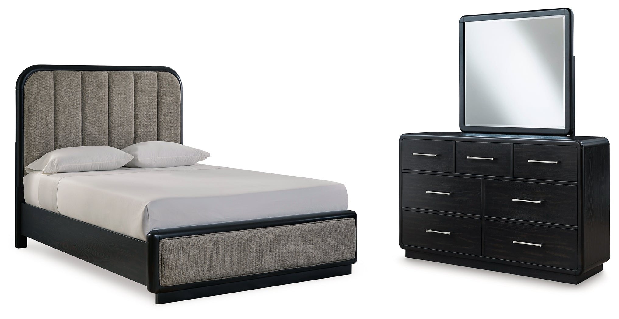 Rowanbeck Queen Upholstered Panel Bed with Mirrored Dresser in Gray/Black - PKG018792