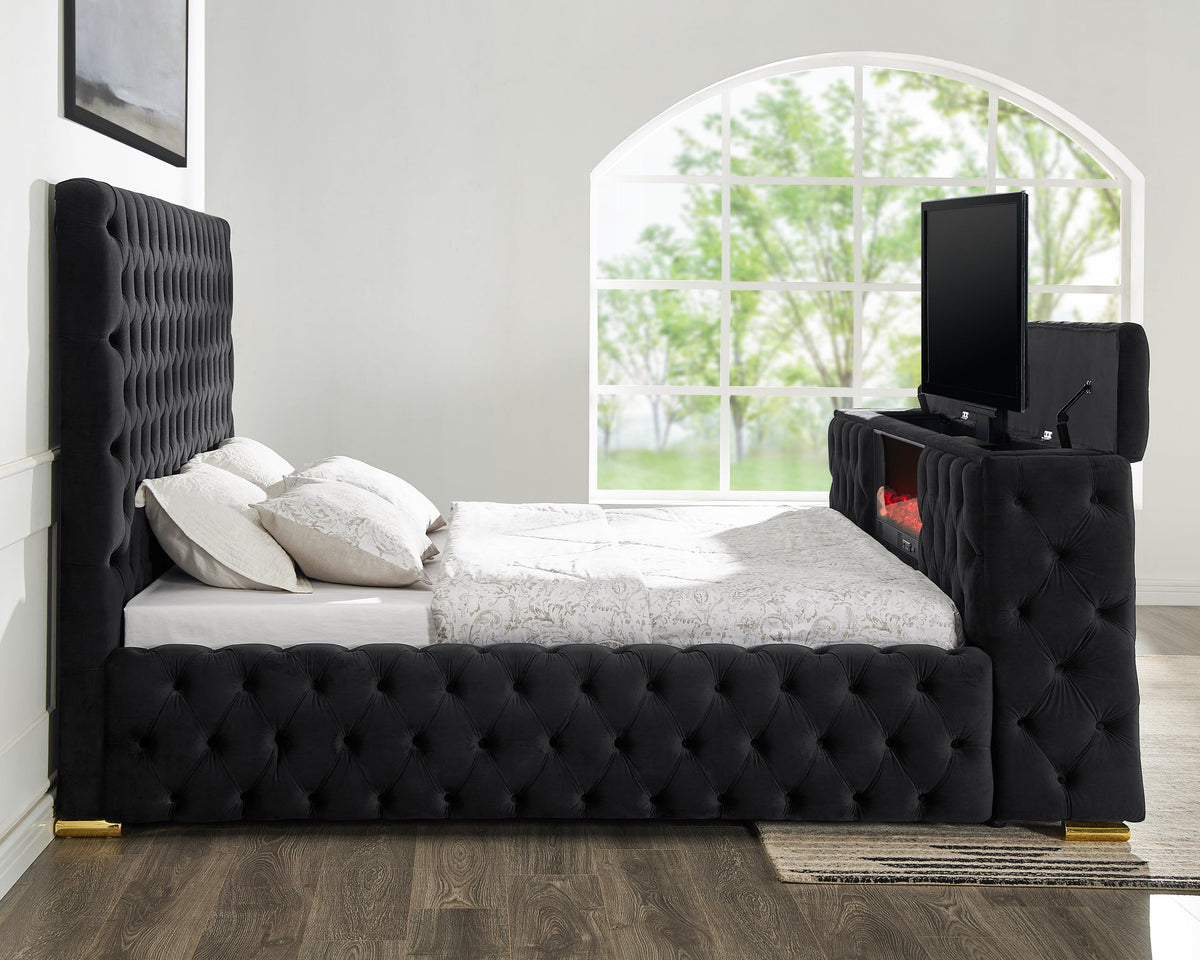Future Black King Velvet Platform Bed with TV Lift