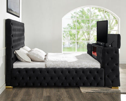 Future Black King Velvet Platform Bed with TV Lift