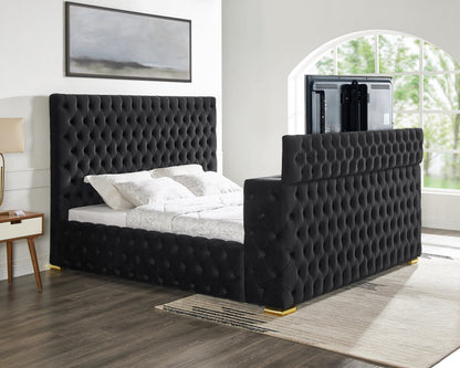 Future Black King Velvet Platform Bed with TV Lift