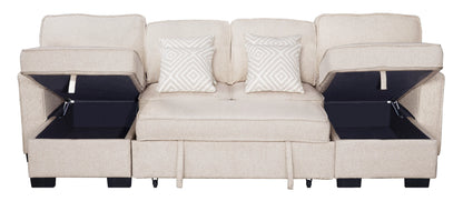 Sahara Beige - Double Storage Chaise Sectional w/ Drop Down Cupholders - SAHARA BEIGE