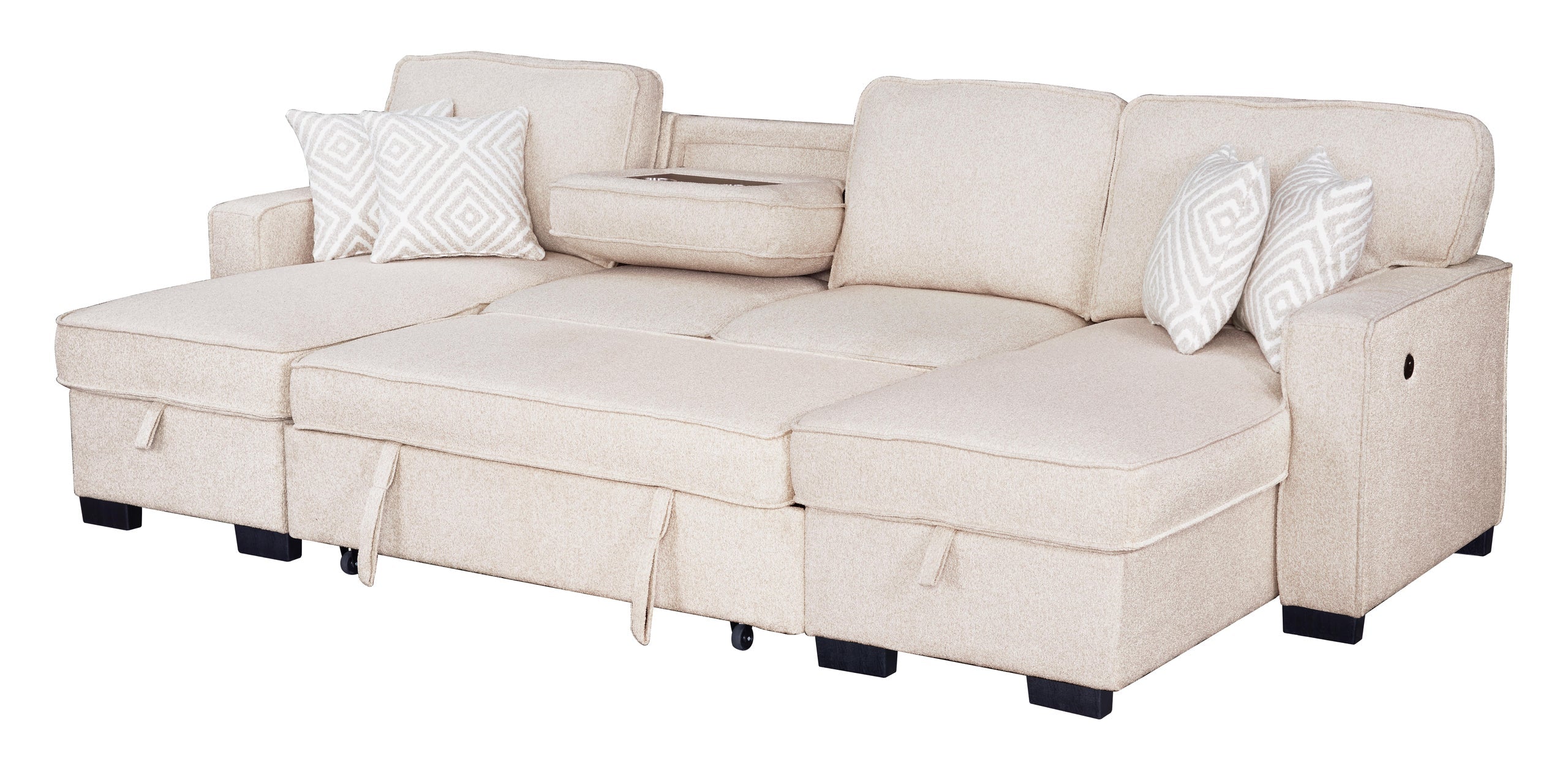 Sahara Beige - Double Storage Chaise Sectional w/ Drop Down Cupholders - SAHARA BEIGE