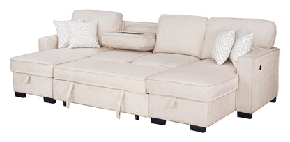 Sahara Beige - Double Storage Chaise Sectional w/ Drop Down Cupholders - SAHARA BEIGE
