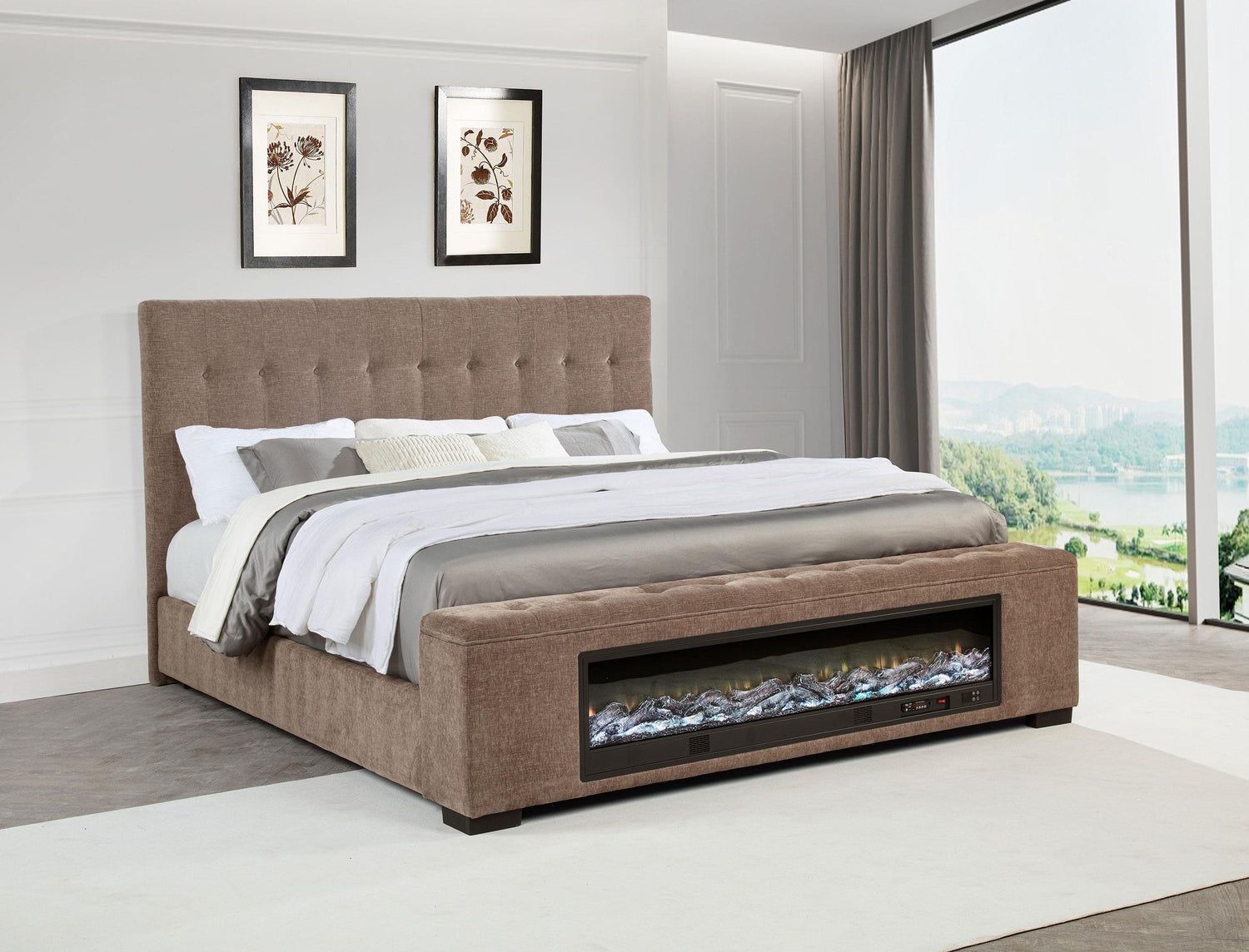 Senna Upholstered California King Audio Fireplace Bed Brown - 305811KW