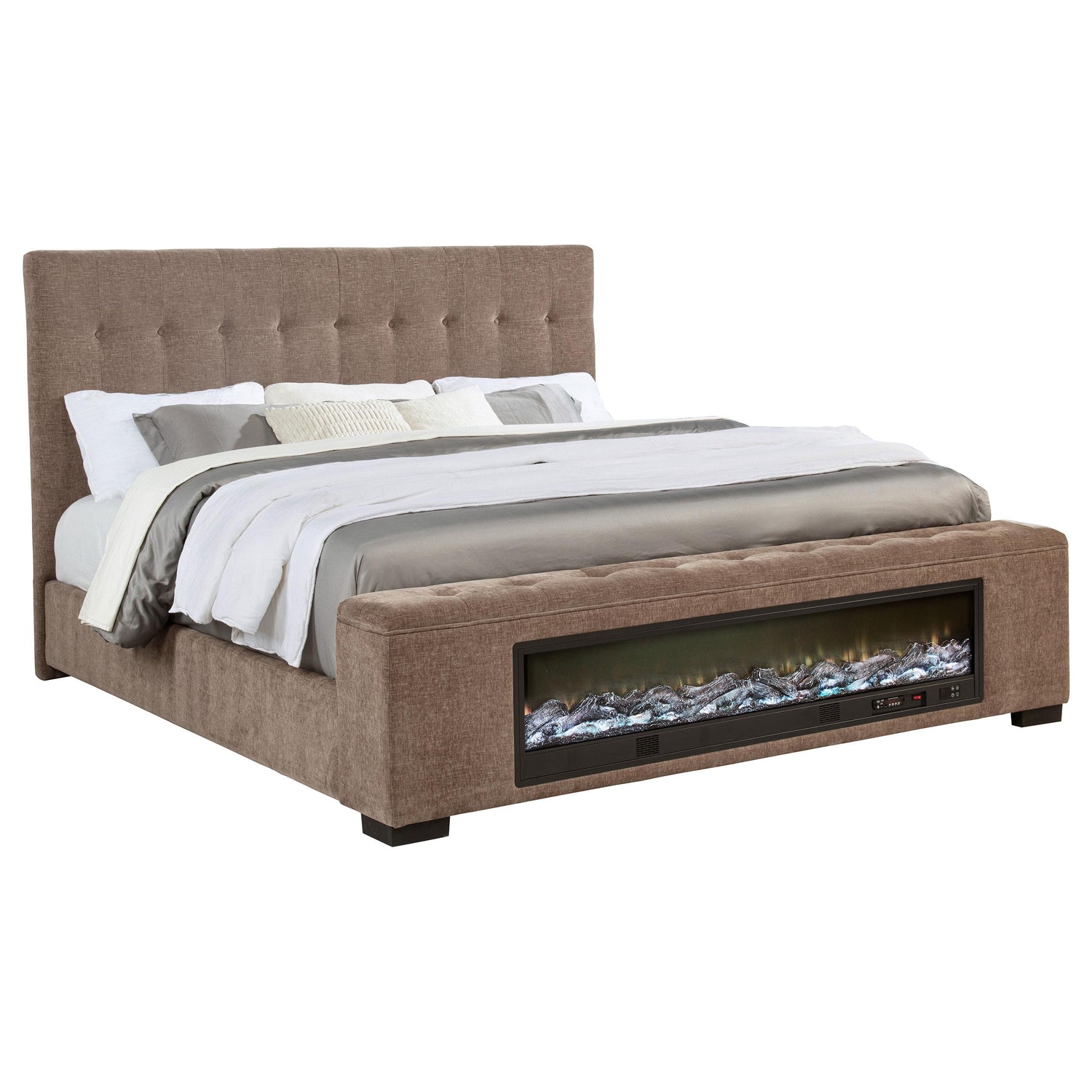 Senna Upholstered Eastern King Audio Fireplace Bed Brown - 305811KE