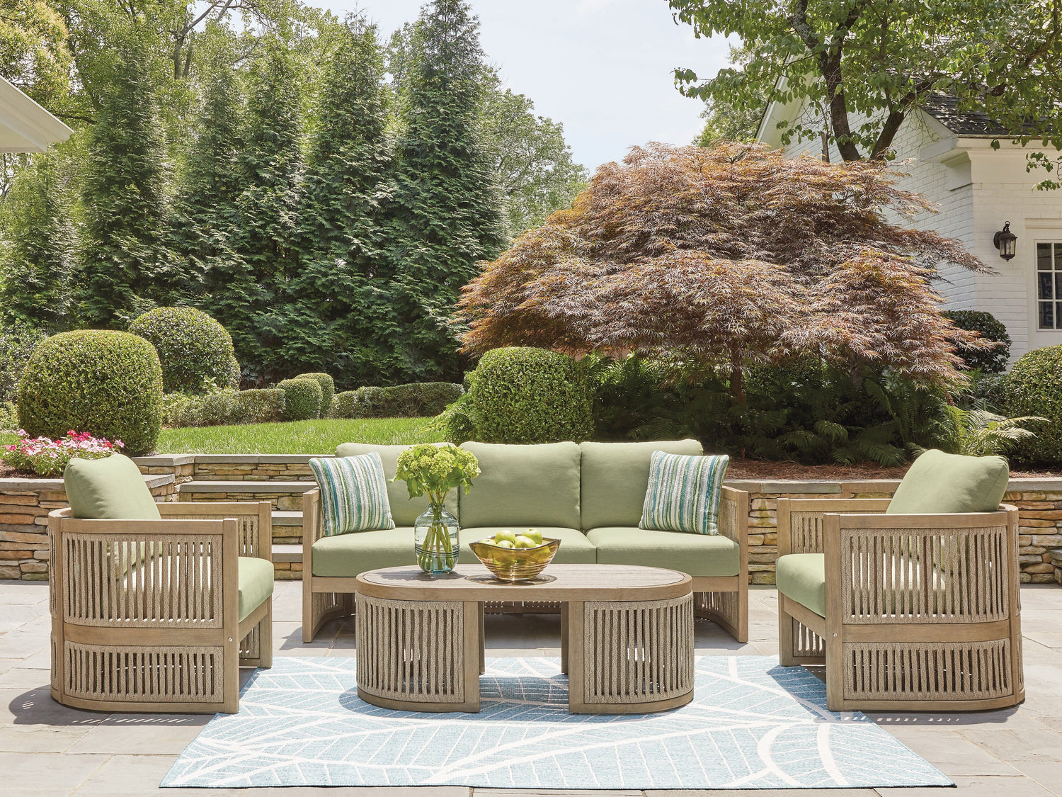 Serena Shores Outdoor Sofa and 2 Chairs with Coffee Table in Beige/Green from Ashley - Luna Furniture