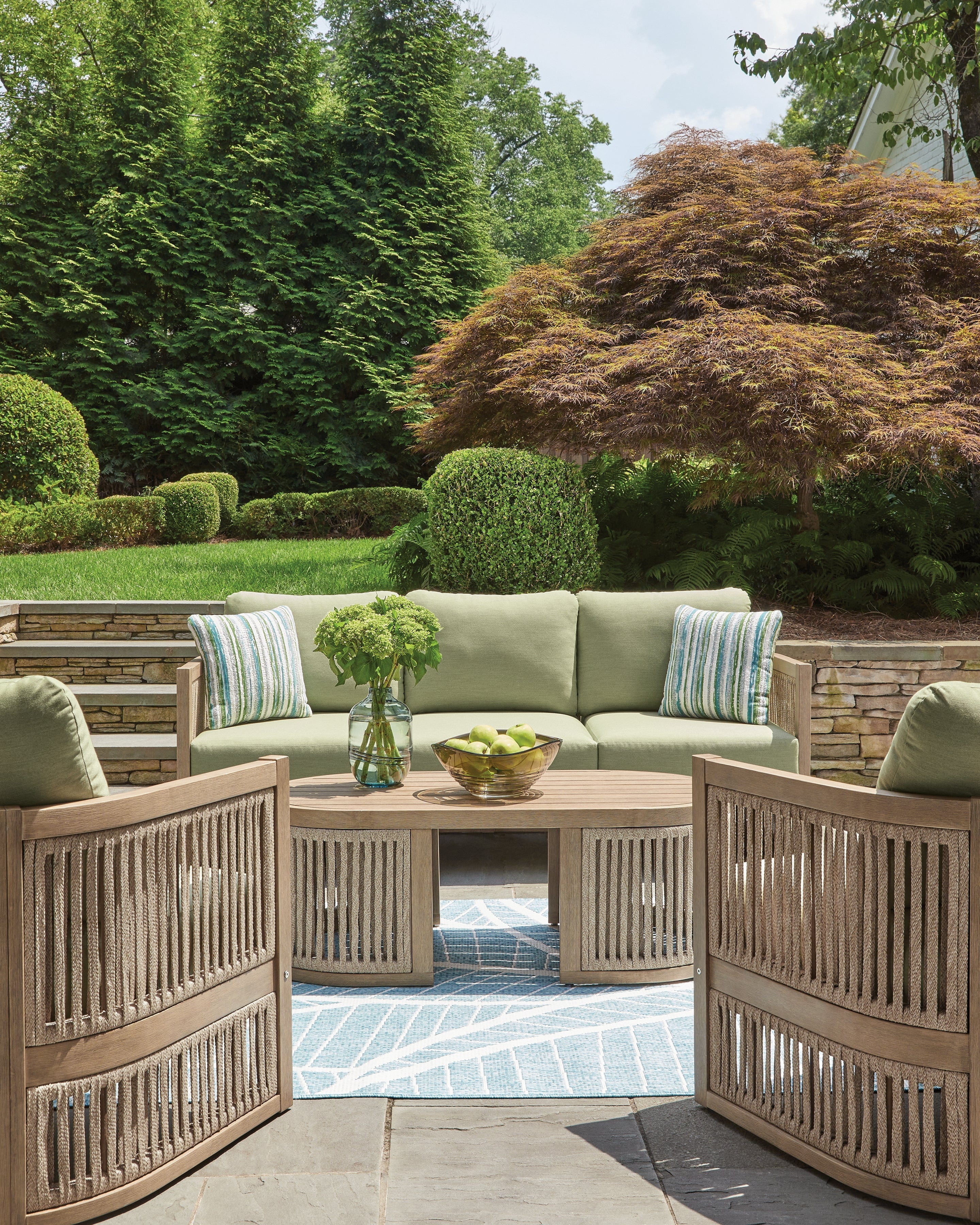Serena Shores Outdoor Sofa and 2 Chairs with Coffee Table in Beige/Green from Ashley - Luna Furniture