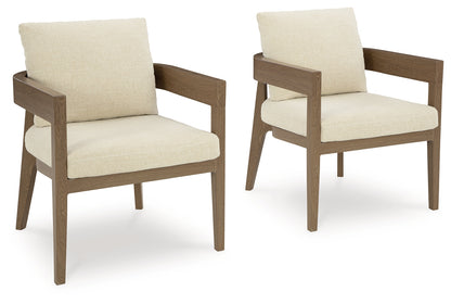 Serene Bay Dark Brown/White Outdoor Dining Arm Chair with Cushion (Set of 2) - P671-601A