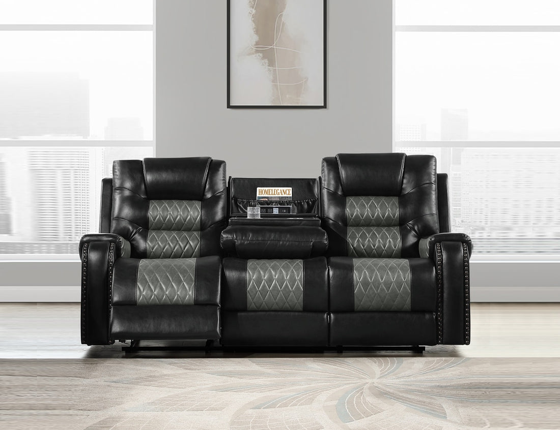 SH8890BLK-3 RECLINING SOFA W/DROP DOWN TBL,CHARGING STATION &amp; CUP HOLDERS - SH8890BLK-3