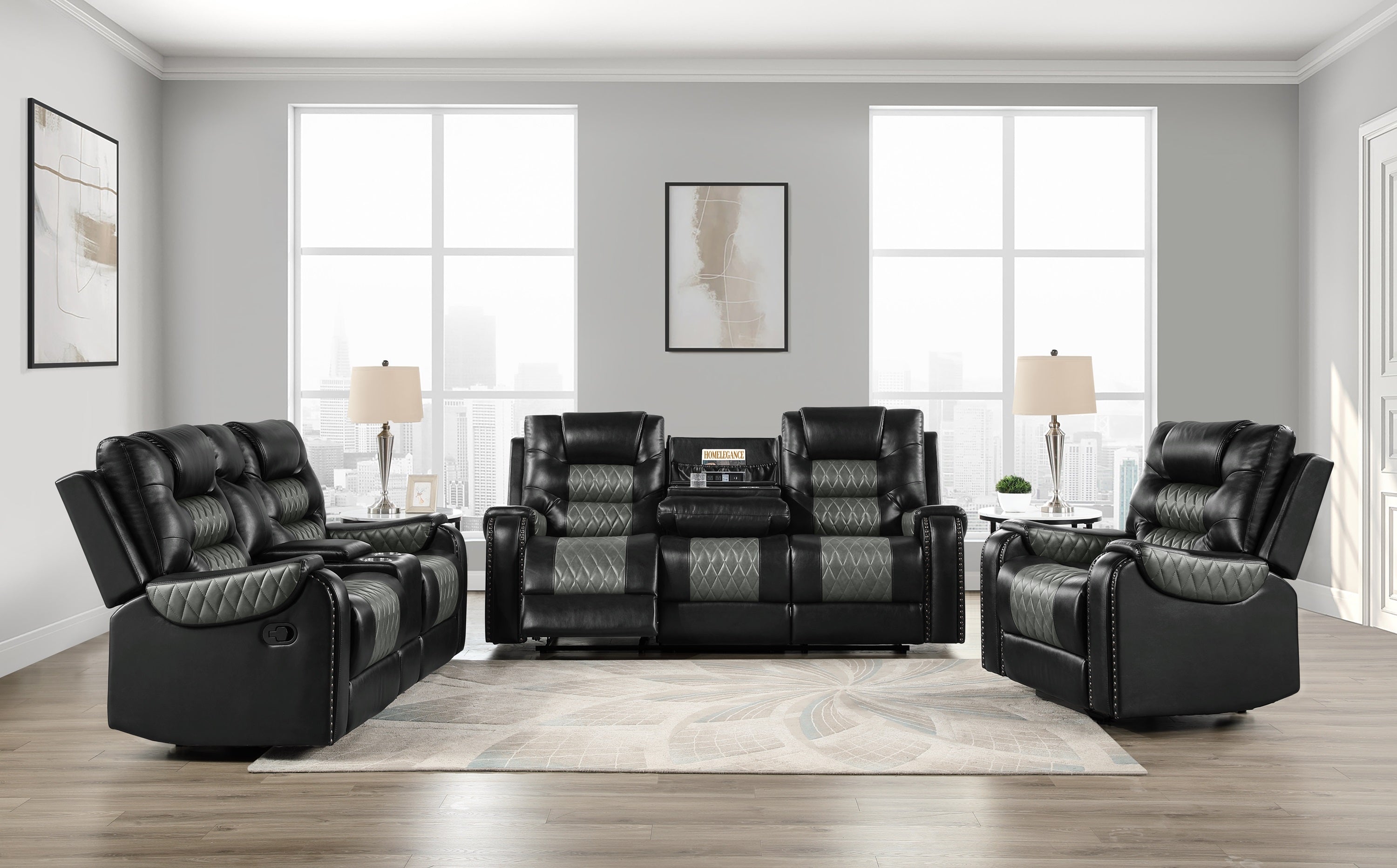 SH8890BLK-3 RECLINING SOFA W/DROP DOWN TBL,CHARGING STATION &amp; CUP HOLDERS - SH8890BLK-3